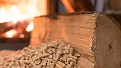 photo de de granulés bois avec une bûche